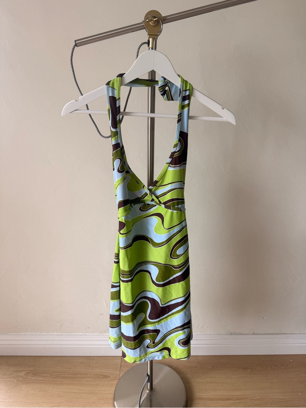 Y2K Halter Swim Dress Funky Swirl Print